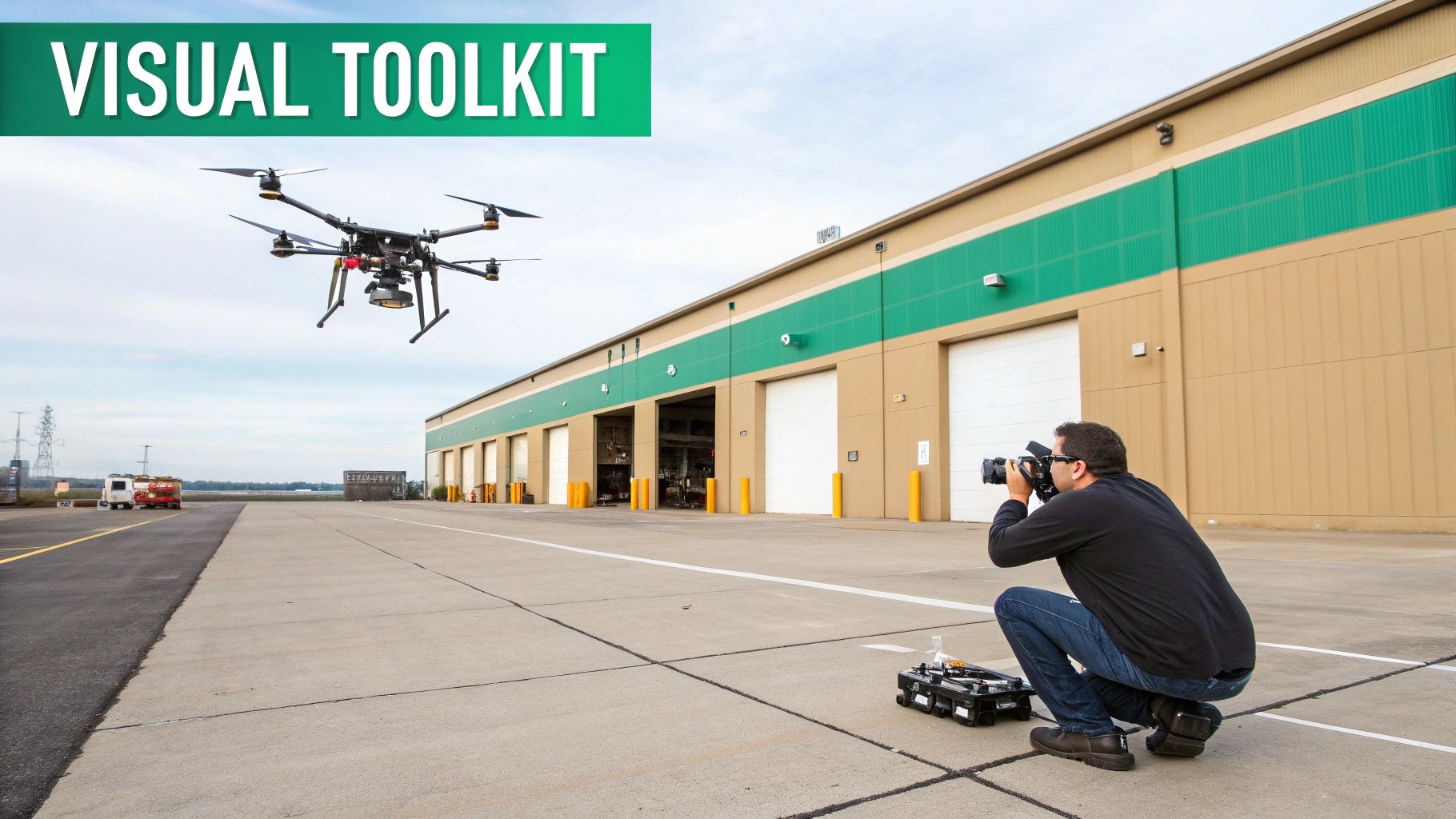 Photographer captures a drone in flight outside a large commercial real estate property.
