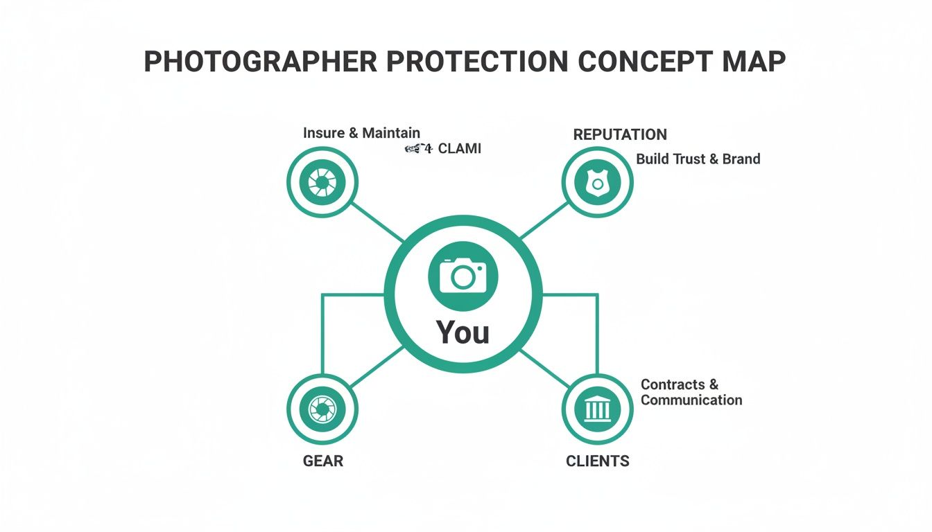 A concept map detailing photographer protection strategies, including insuring assets, reputation, gear, and client relations.