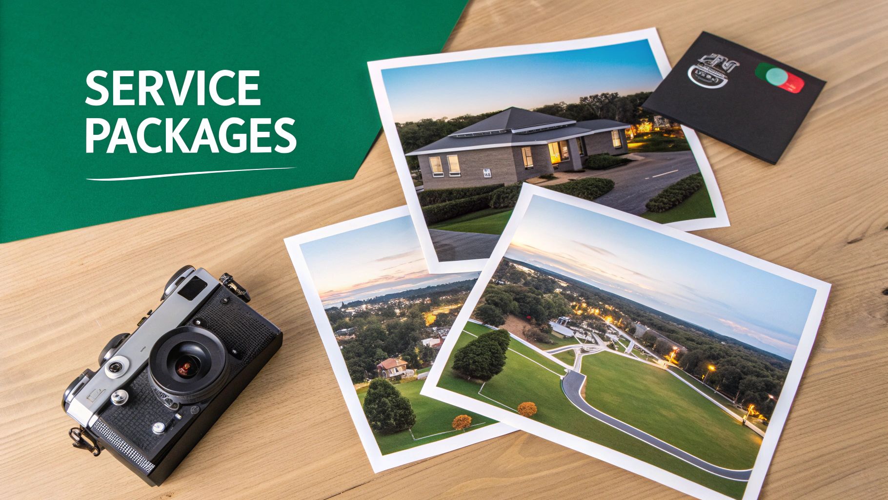 Vintage camera, multiple real estate photographs, and a business card on a wooden desk with a green 'SERVICE PACKAGES' backdrop.