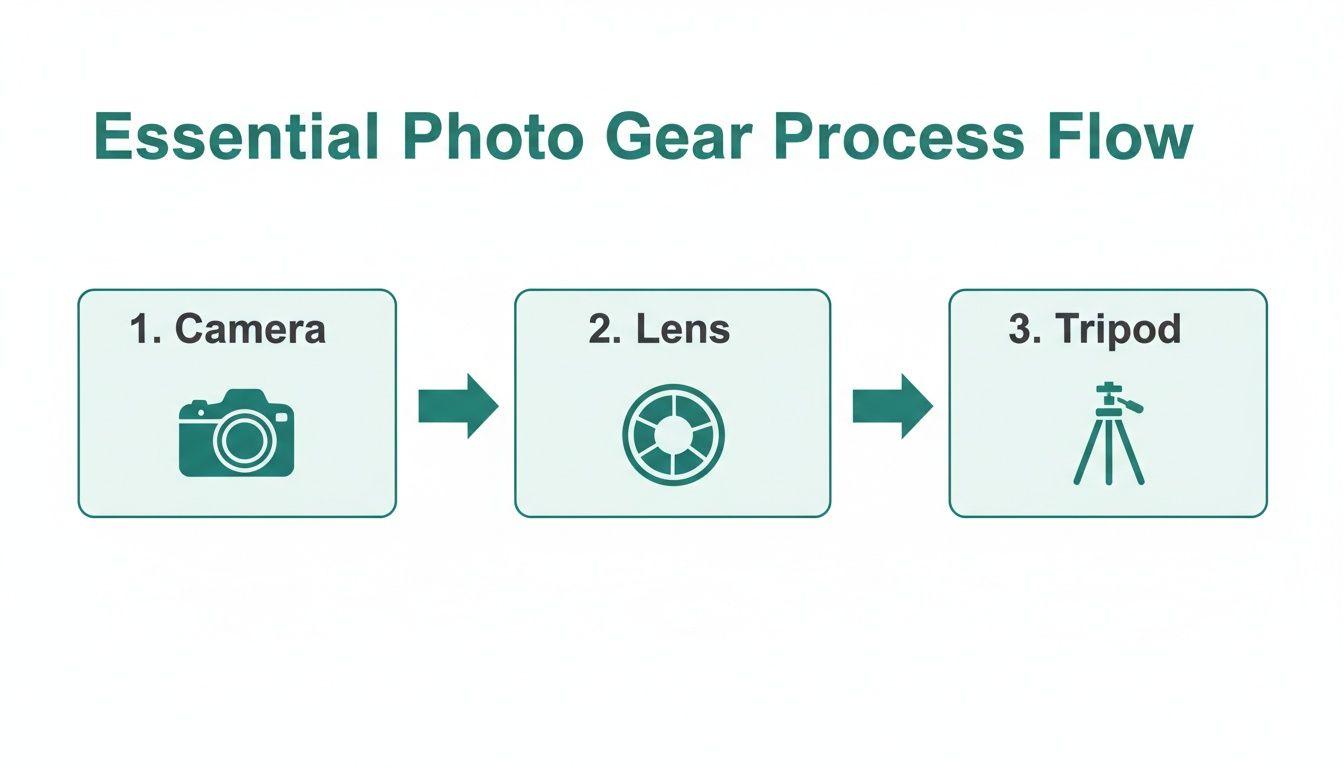 Essential photo gear process flow diagram showing a camera, lens, and tripod in sequence.