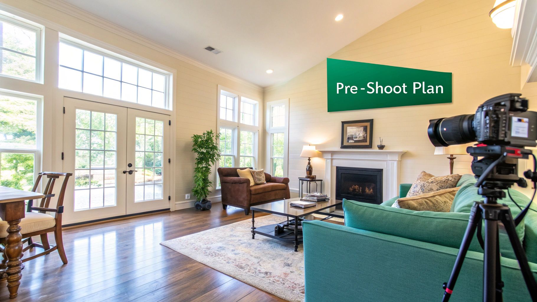 Professional camera on tripod in a bright living room with large windows, preparing for a real estate photoshoot.