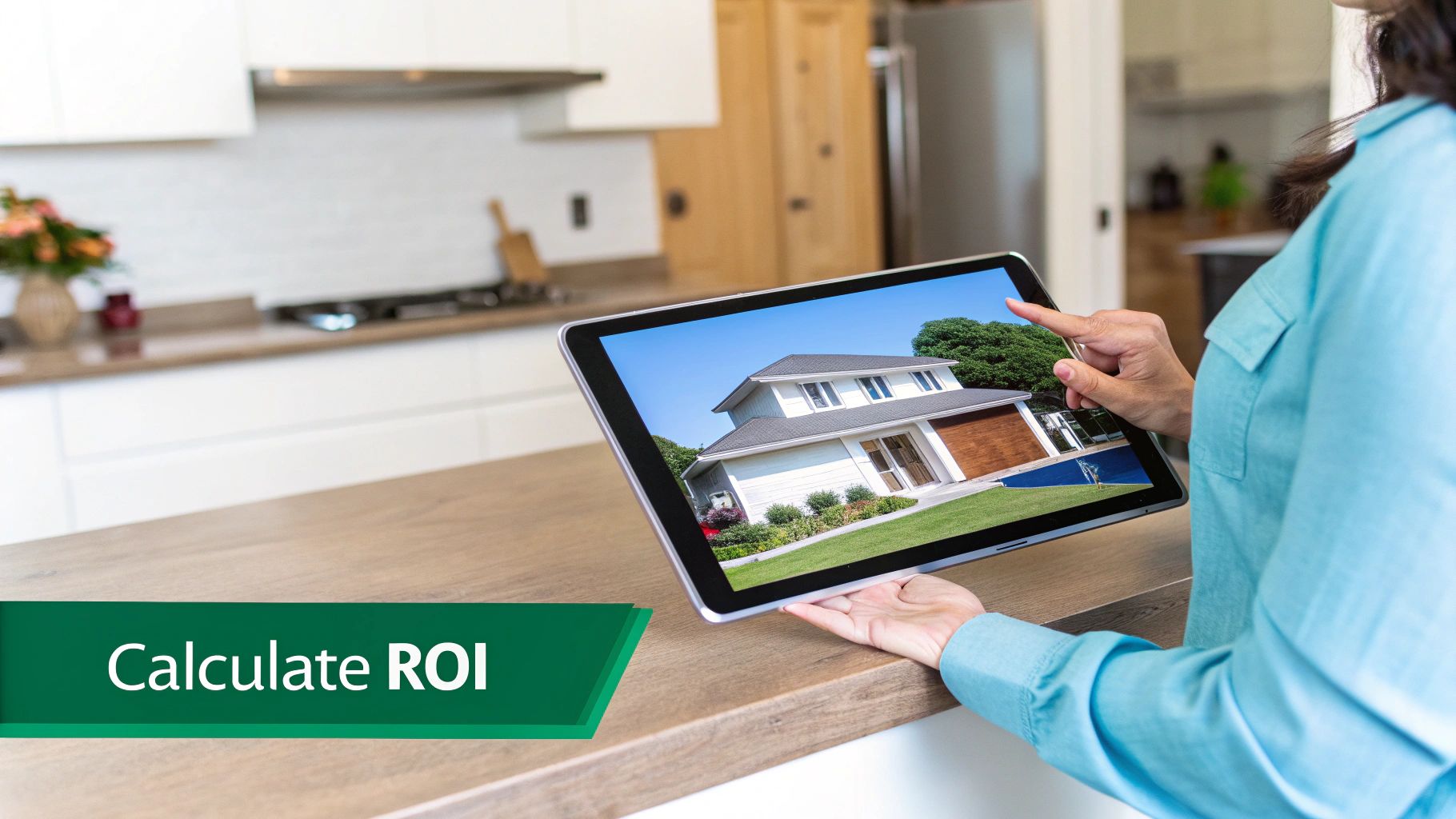 A person uses a tablet to view a modern house, calculating real estate ROI.