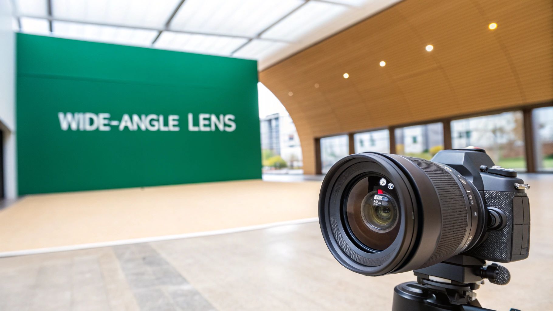 A camera with a wide-angle lens on a tripod, facing a green wall displaying 'WIDE-ANGLE LENS' text.