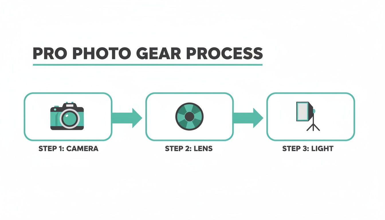 A three-step infographic titled "PRO PHOTO GEAR PROCESS" showing icons for camera, lens, and light.