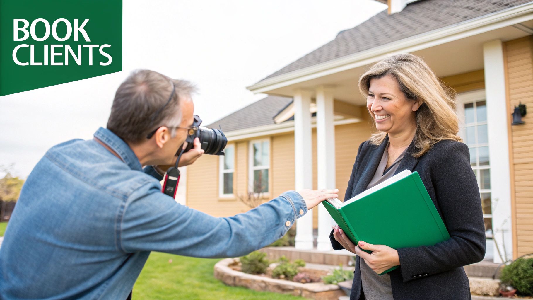 A male photographer takes a picture of a smiling female real estate agent with a green binder.