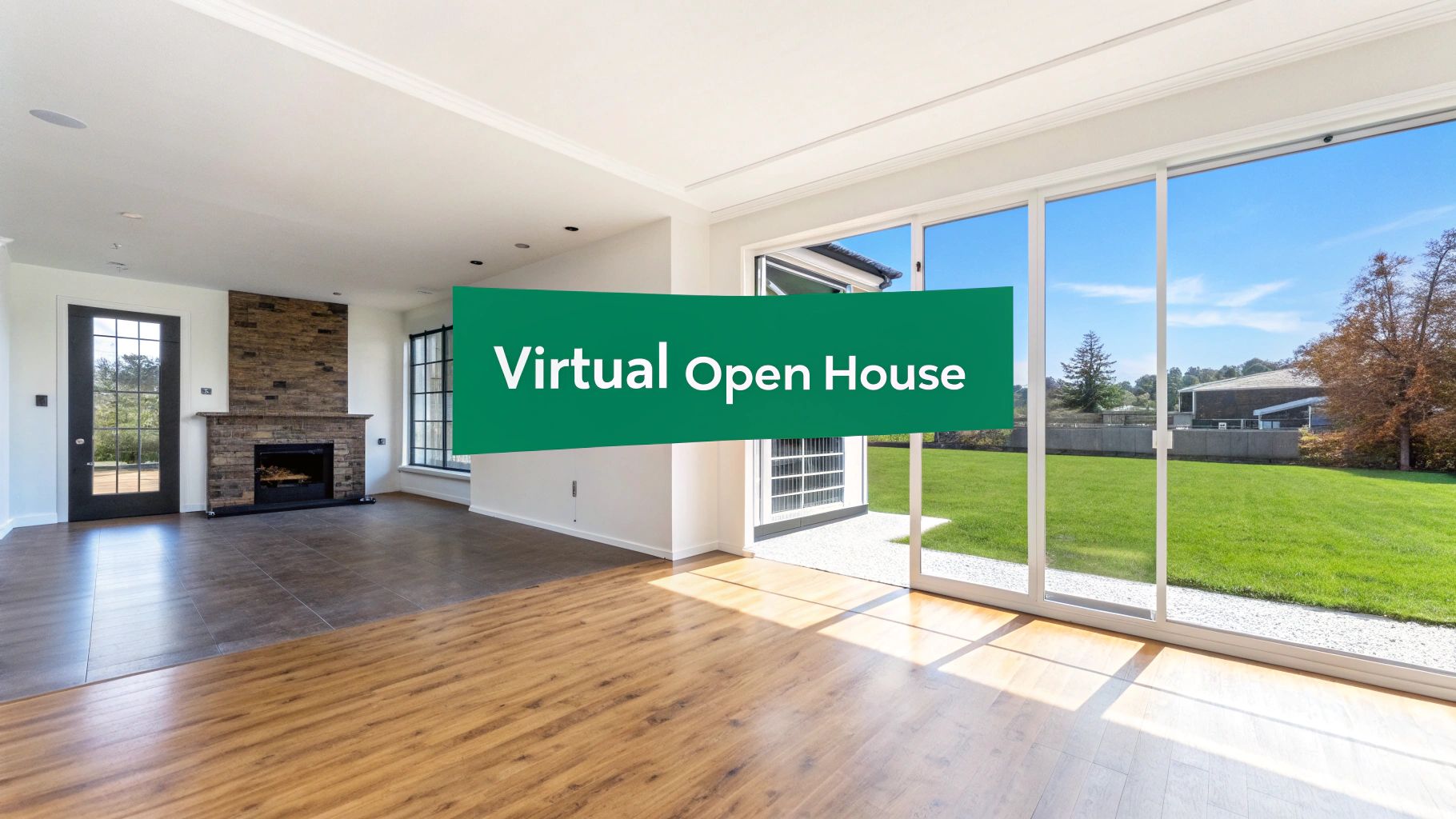An empty living room with a stone fireplace, wood floors, and a 'Virtual Open House' banner.