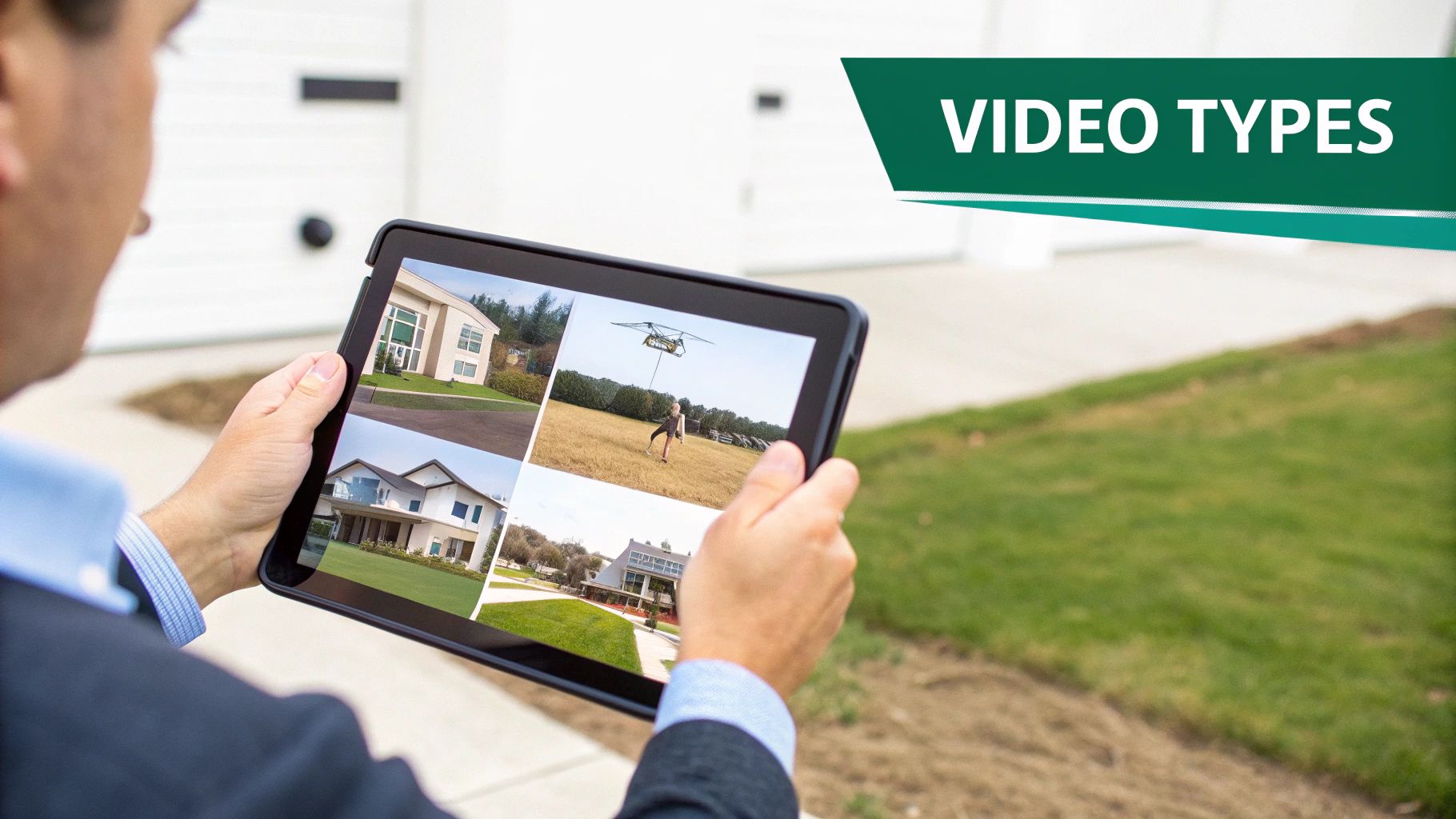 Man holding a tablet displaying various real estate video types, including drone footage and property tours.