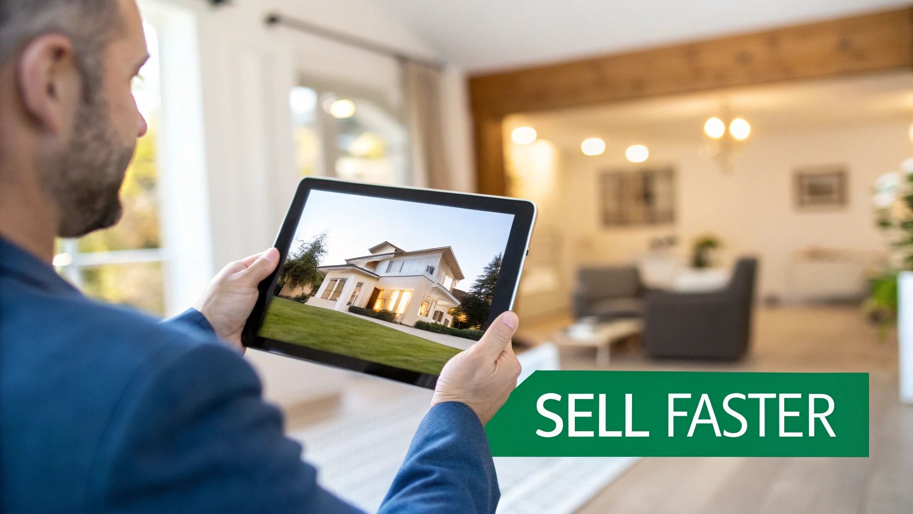 Man holding a tablet displaying a modern house, with a 'SELL FASTER' banner.