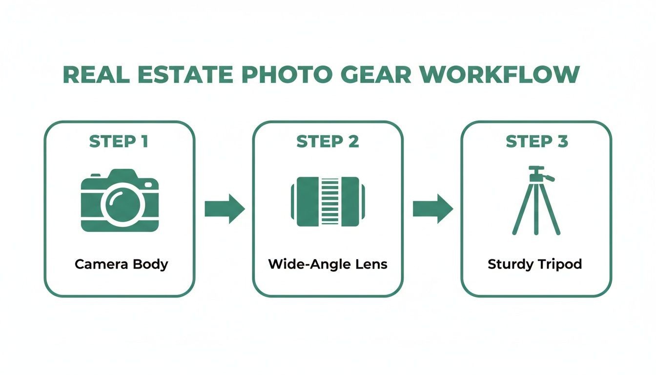 Workflow infographic displaying essential real estate photography gear: camera body, wide-angle lens, and sturdy tripod.