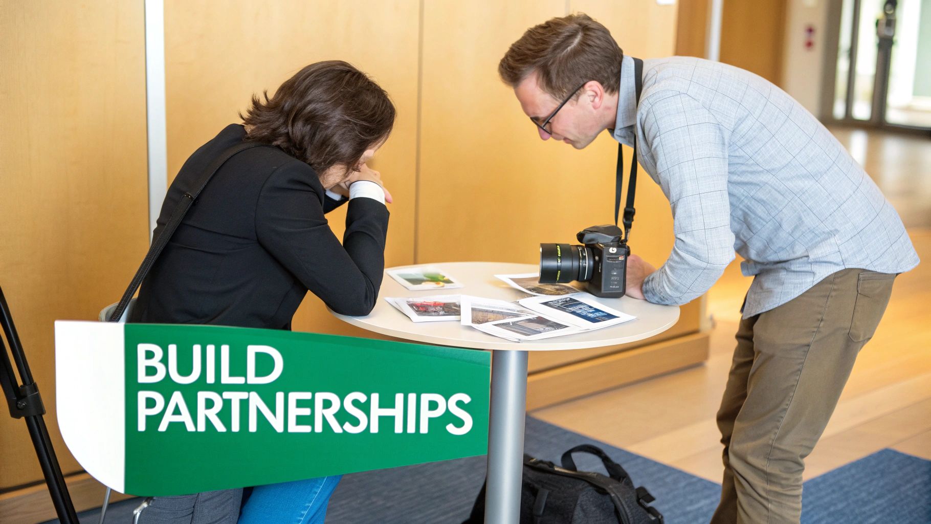 Two professionals reviewing photographs and a camera on a table at a "Build Partnerships" event.