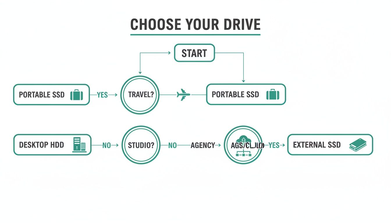 A flowchart guiding users to choose between portable SSD, desktop HDD, or external SSD based on travel, studio, agency, or cloud needs.