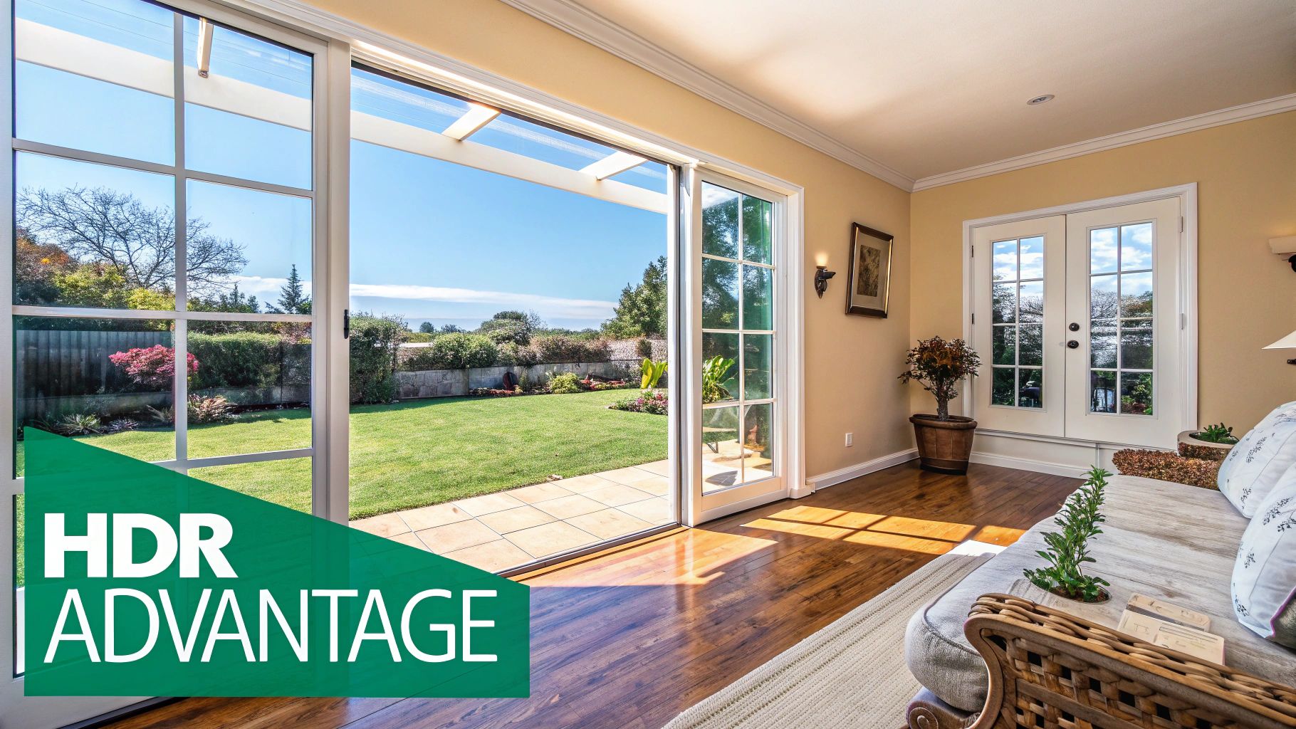 A bright interior room with an open sliding door to a lush green backyard, showcasing HDR photography.