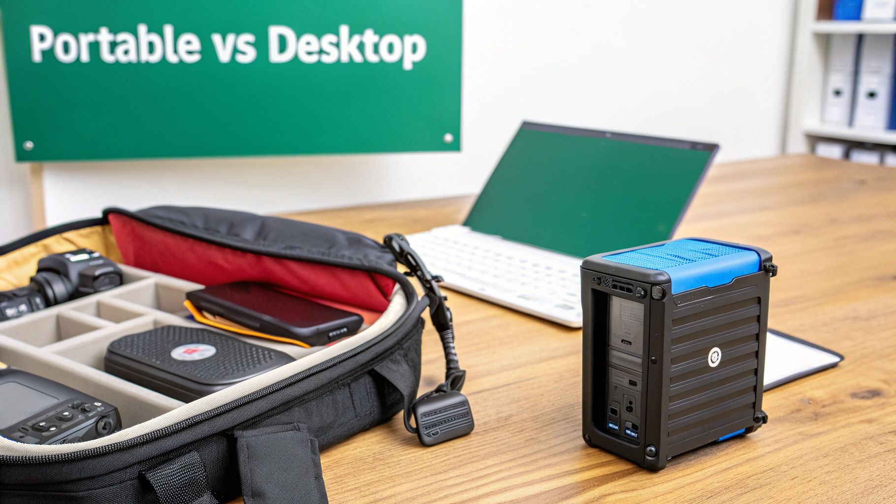 A desk with a laptop, a portable desktop computer, and an open gear bag filled with photography equipment, highlighting 'Portable vs Desktop'.