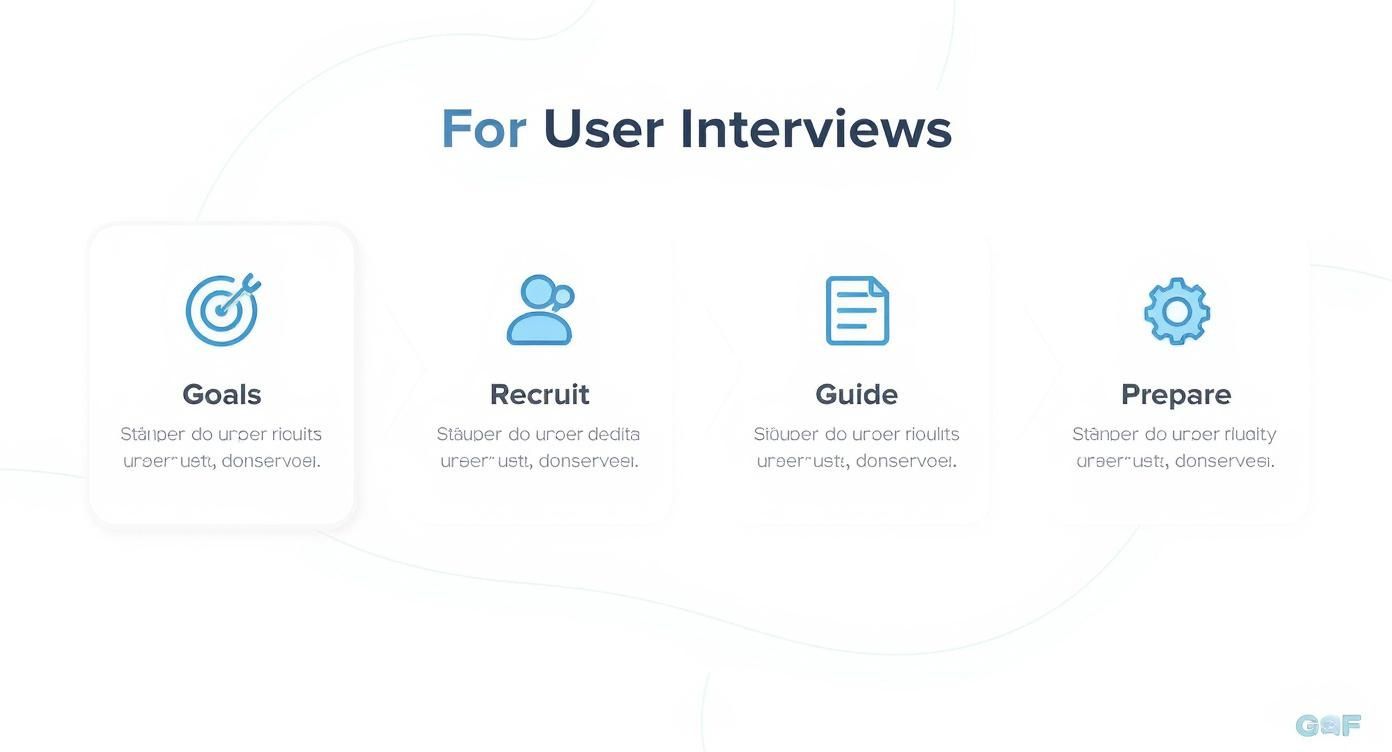 A diagram illustrating four steps for user interviews: Goals, Recruit, Guide, and Prepare.