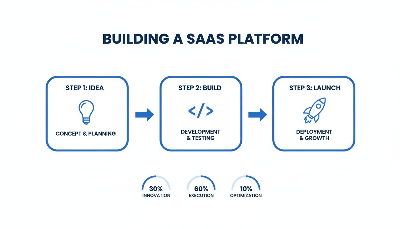 Diagram showing the three steps to building a SaaS platform: Idea, Build, Launch, alongside innovation, execution, and optimization.