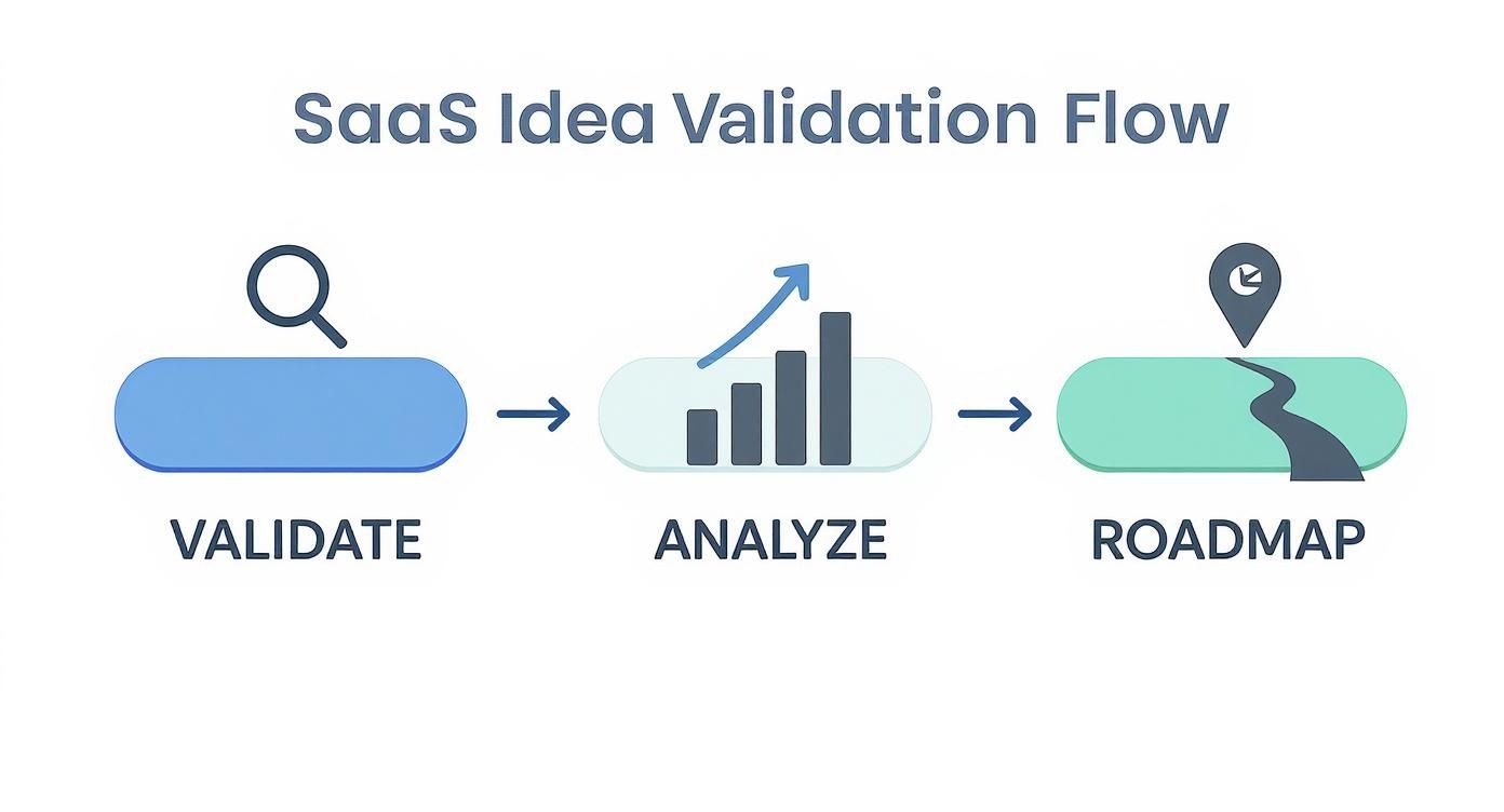 Three-stage SaaS idea validation flow diagram showing validate, analyze, and roadmap phases with icons