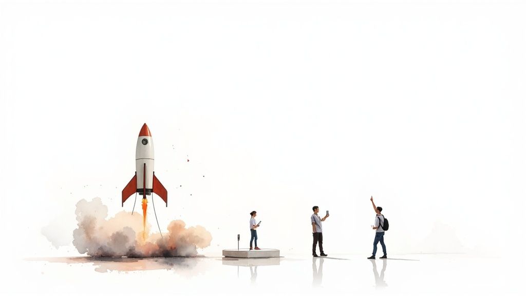 A minimalist watercolor illustration shows a rocket launching with smoke, observed by three people.