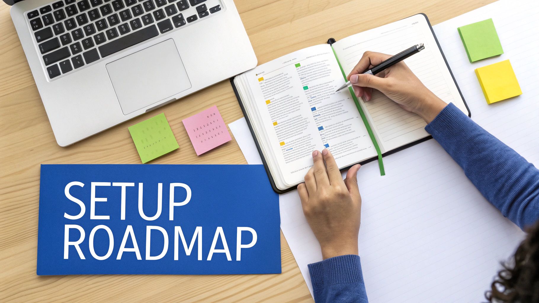 Overhead view of a person writing in a notebook on a desk with a laptop and 'SETUP ROADMAP' sign.