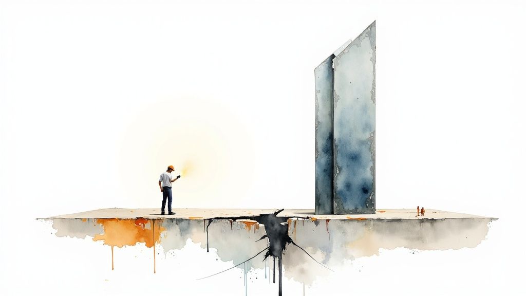 A man with a light examines a cracked floating platform next to a tall, angular structure.