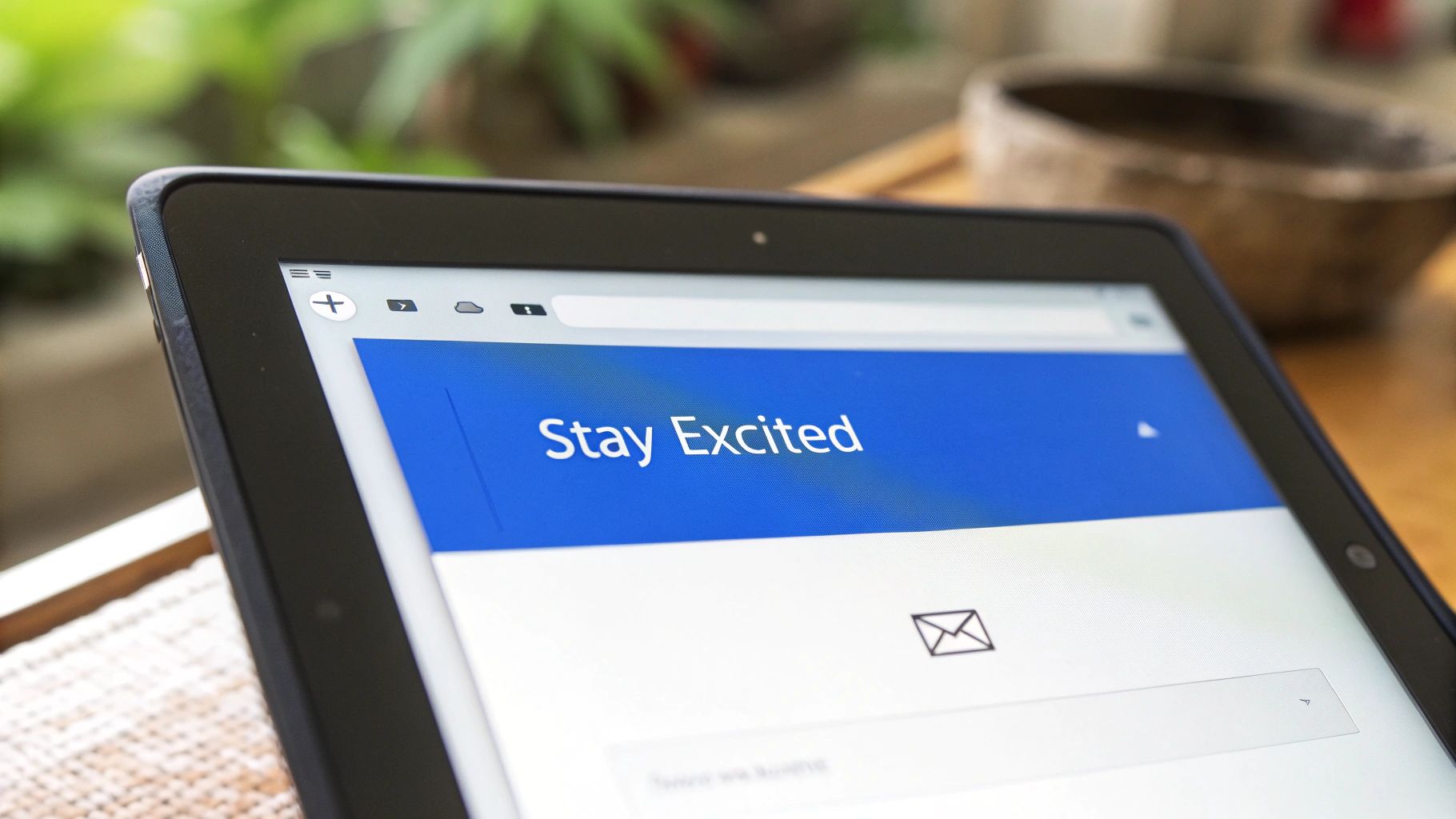 Close-up of a tablet screen displaying a 'Stay Excited' message and an email sign-up form.