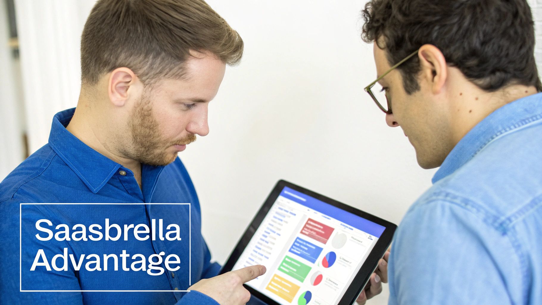 Two professionals reviewing colorful SaaS dashboard analytics on tablet device during business meeting