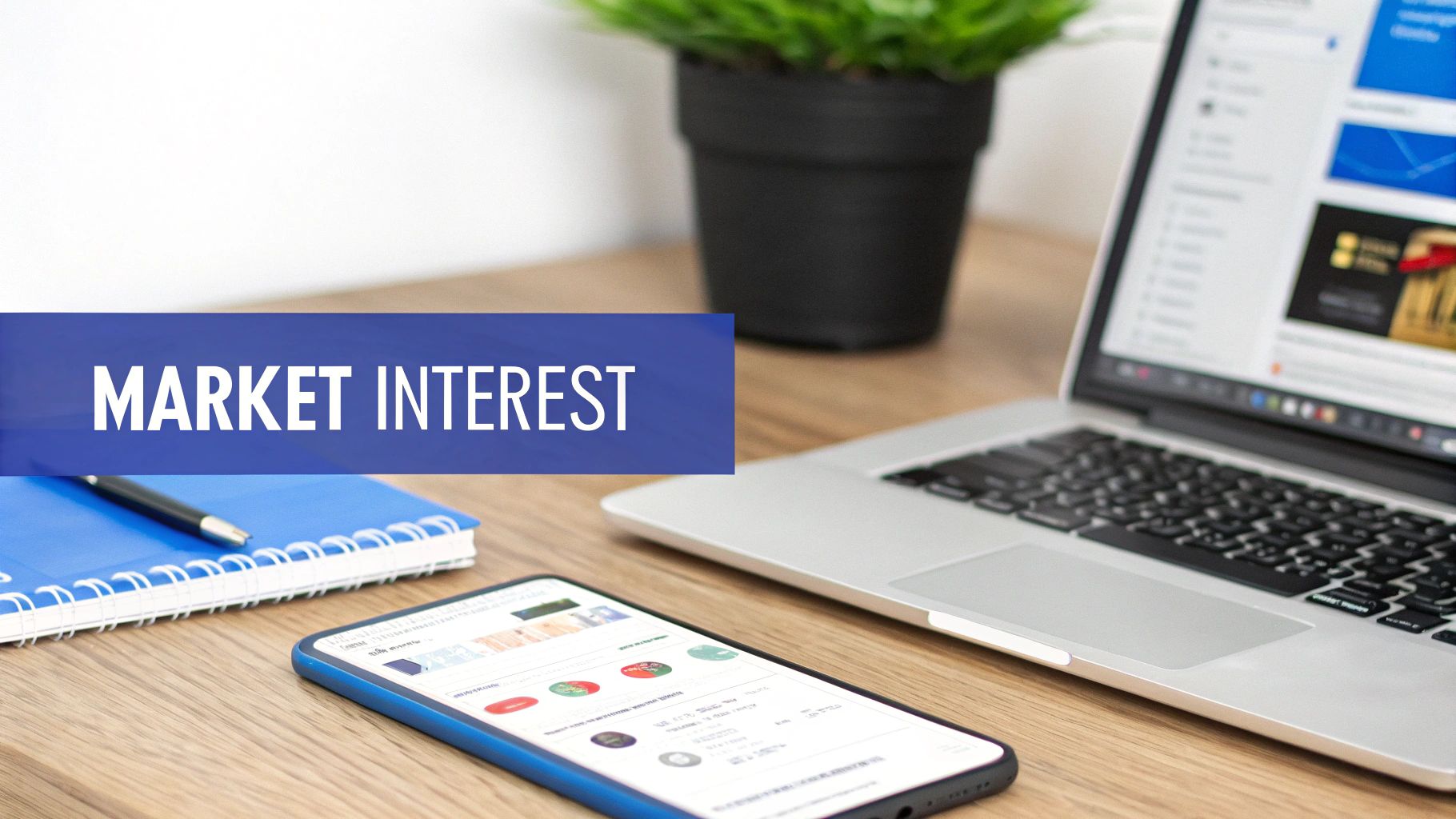 A desk setup with a laptop, smartphone, notebook, and plant, featuring a 'MARKET INTEREST' banner.