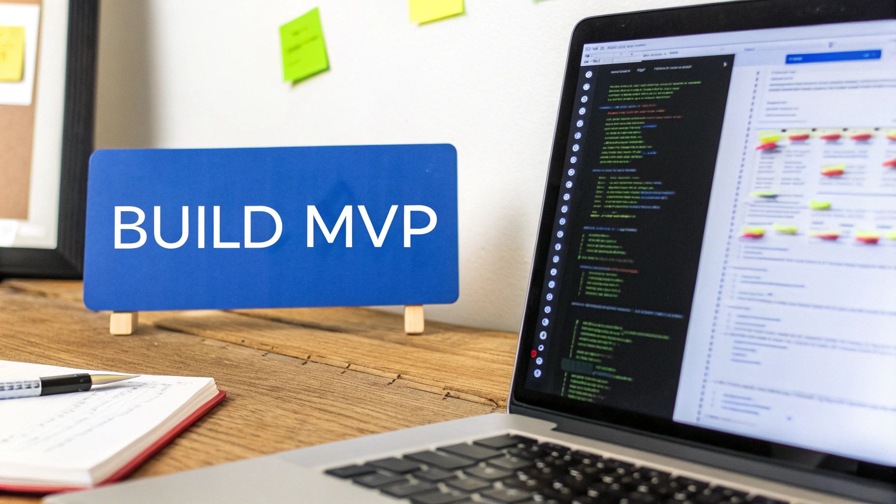A blue sign reading 'BUILD MVP' sits on a wooden desk next to a laptop displaying code and project management tools.