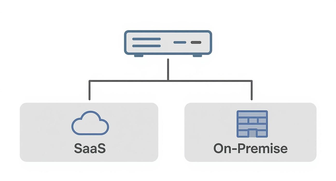 Diagram showing a server connecting to SaaS cloud and On-Premise building solutions.