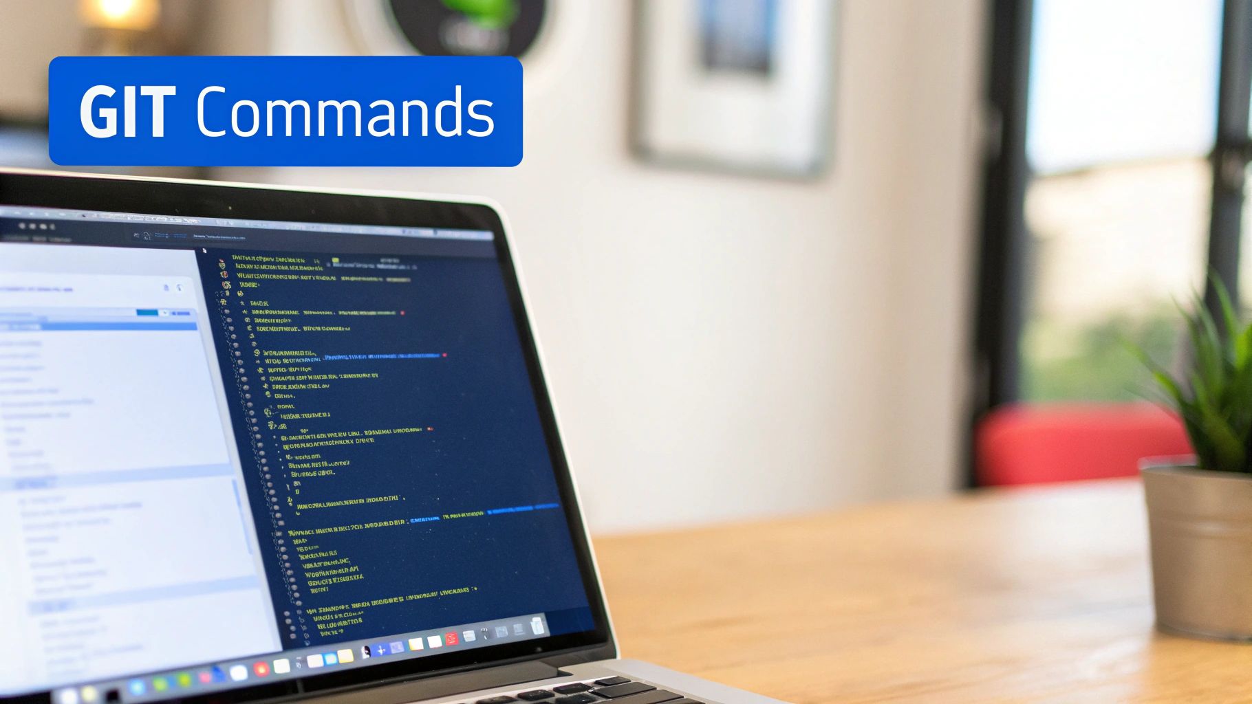 Close-up of a laptop screen showing Git commands and code in a developer's workspace.