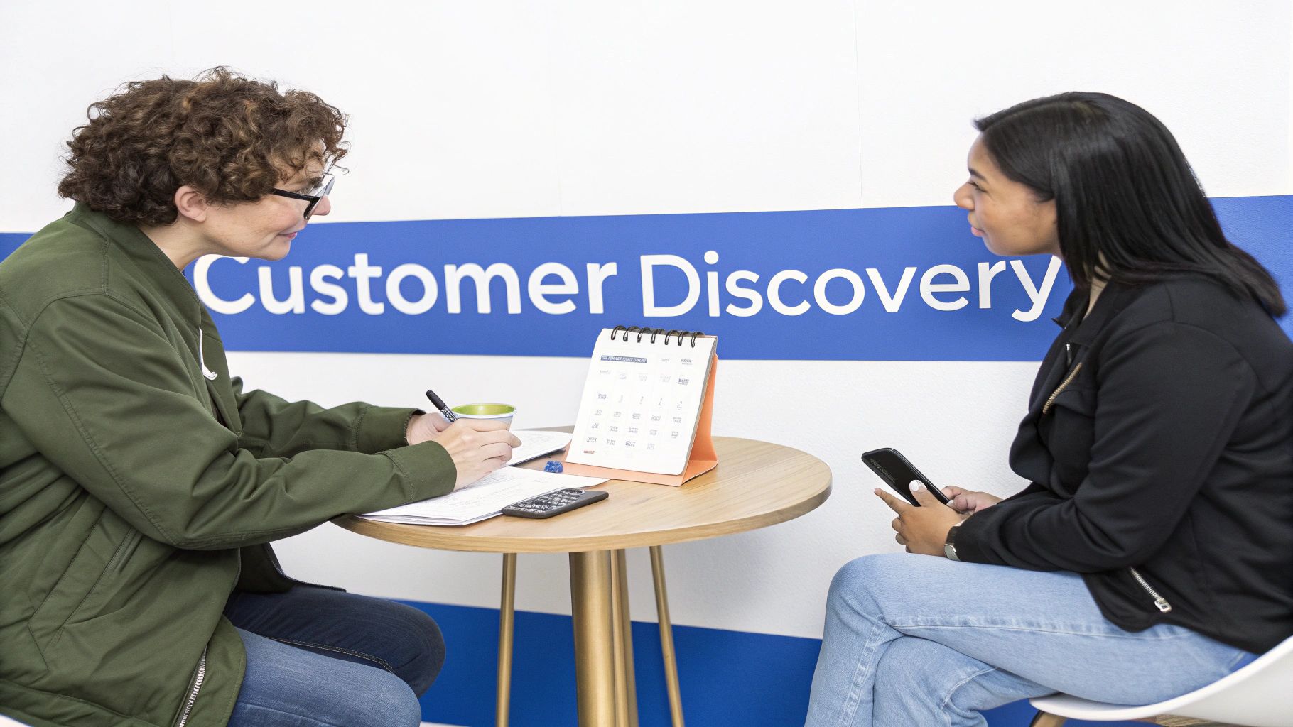 Side view of two women in a customer discovery interview, one writing notes.