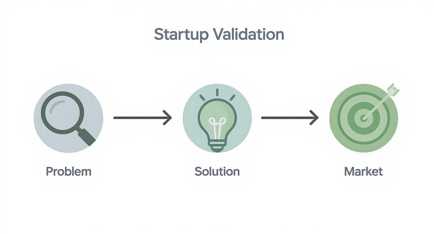 A diagram titled 'Startup Validation' showing a process from 'Problem' to 'Solution' to 'Market' with icons.