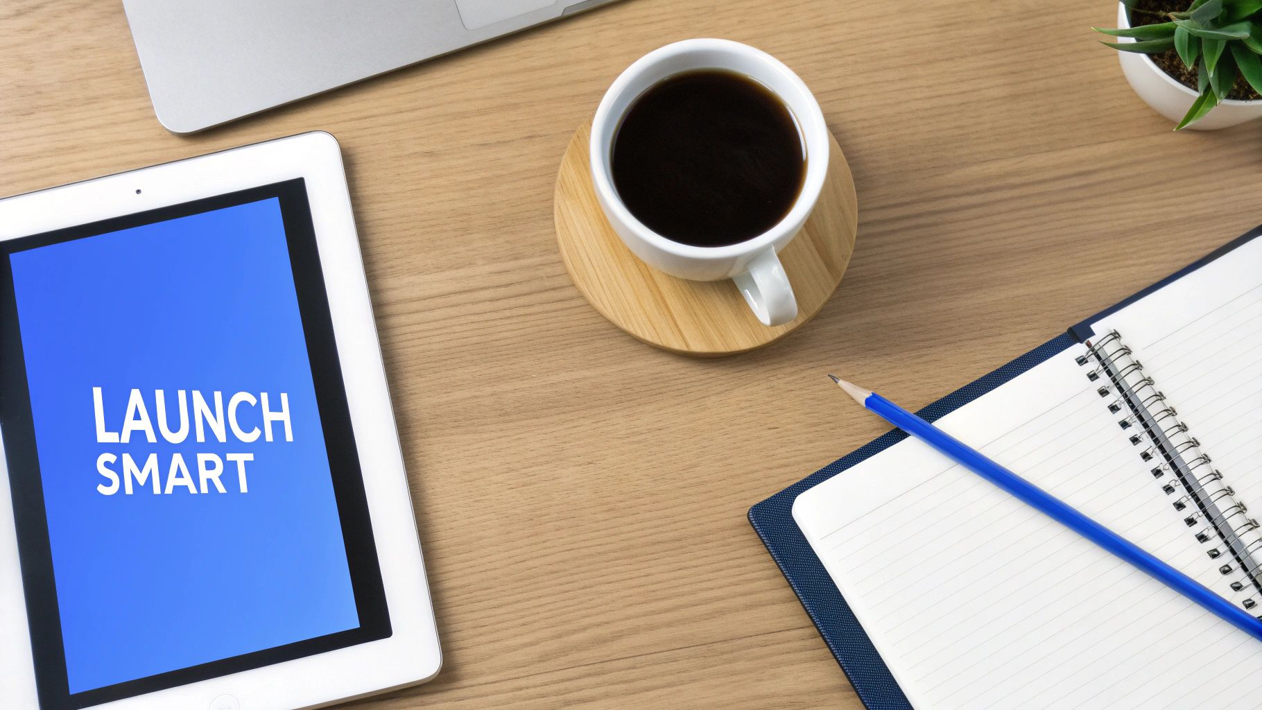 A flat lay of a modern wooden desk with a tablet showing "LAUNCH SMART", coffee, notebook, and laptop.