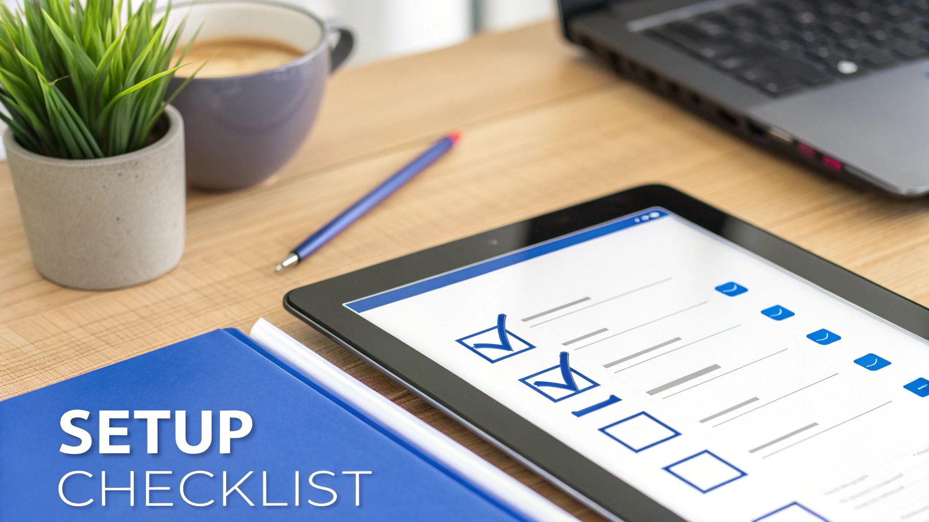 A work desk with a tablet displaying a setup checklist, a laptop, coffee, and a plant.