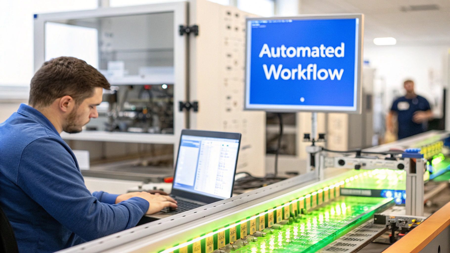 A man works on a laptop next to an automated circuit board production line, with 'Automated Workflow' on a monitor.