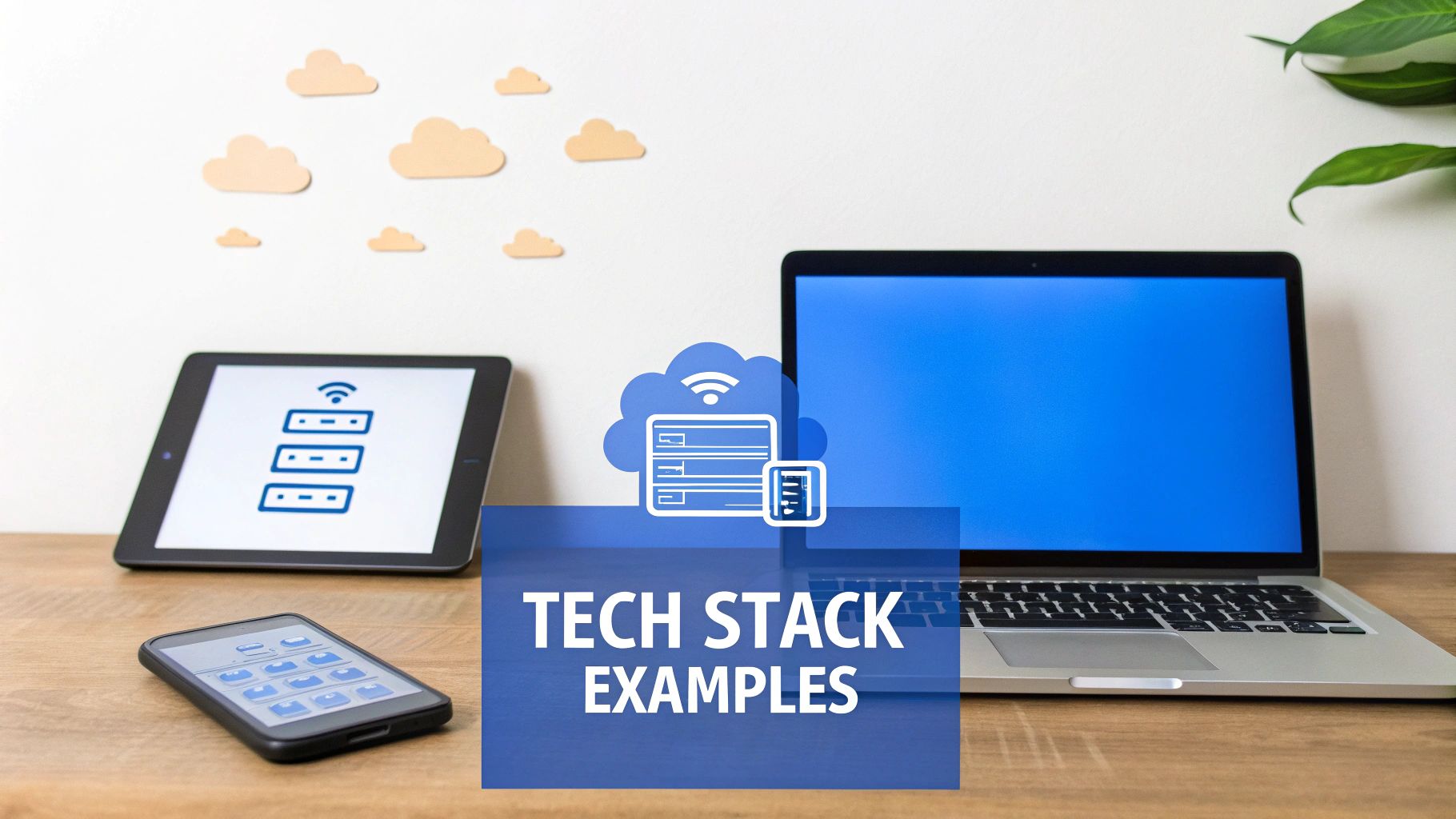 A desktop setup with a laptop, tablet, and phone, visualizing tech stack examples with cloud and server icons.