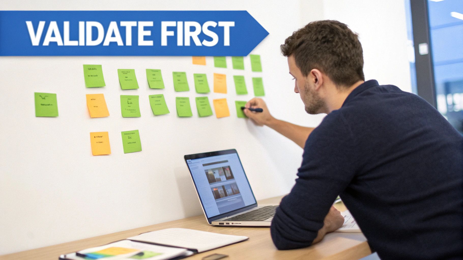 A man actively brainstorming, writing on green and orange sticky notes on a whiteboard, with a laptop.