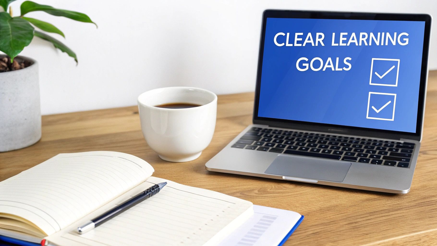 A laptop displays 'Clear Learning Goals' with checkboxes on a wooden desk, alongside a coffee cup, an open notebook, and a pen.