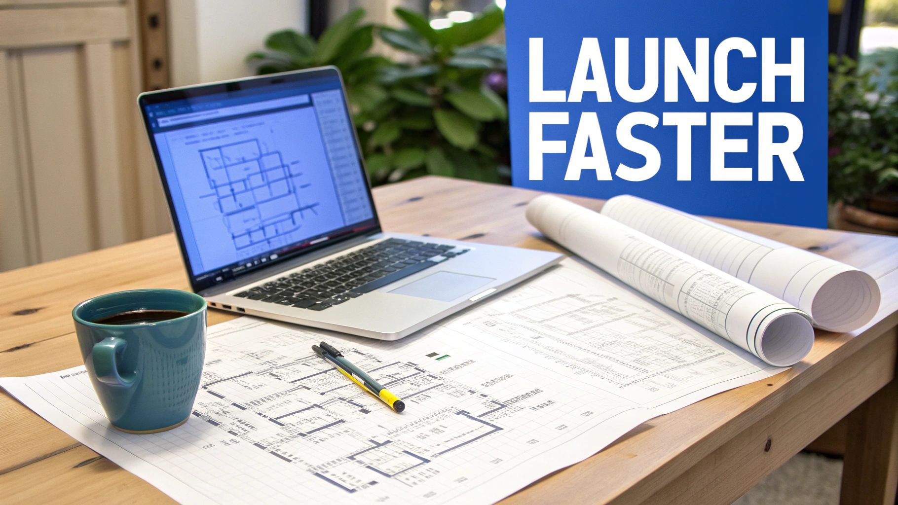 A workstation with a laptop, architectural plans, coffee, and a pen on a wooden desk. A 'LAUNCH FASTER' sign is visible.