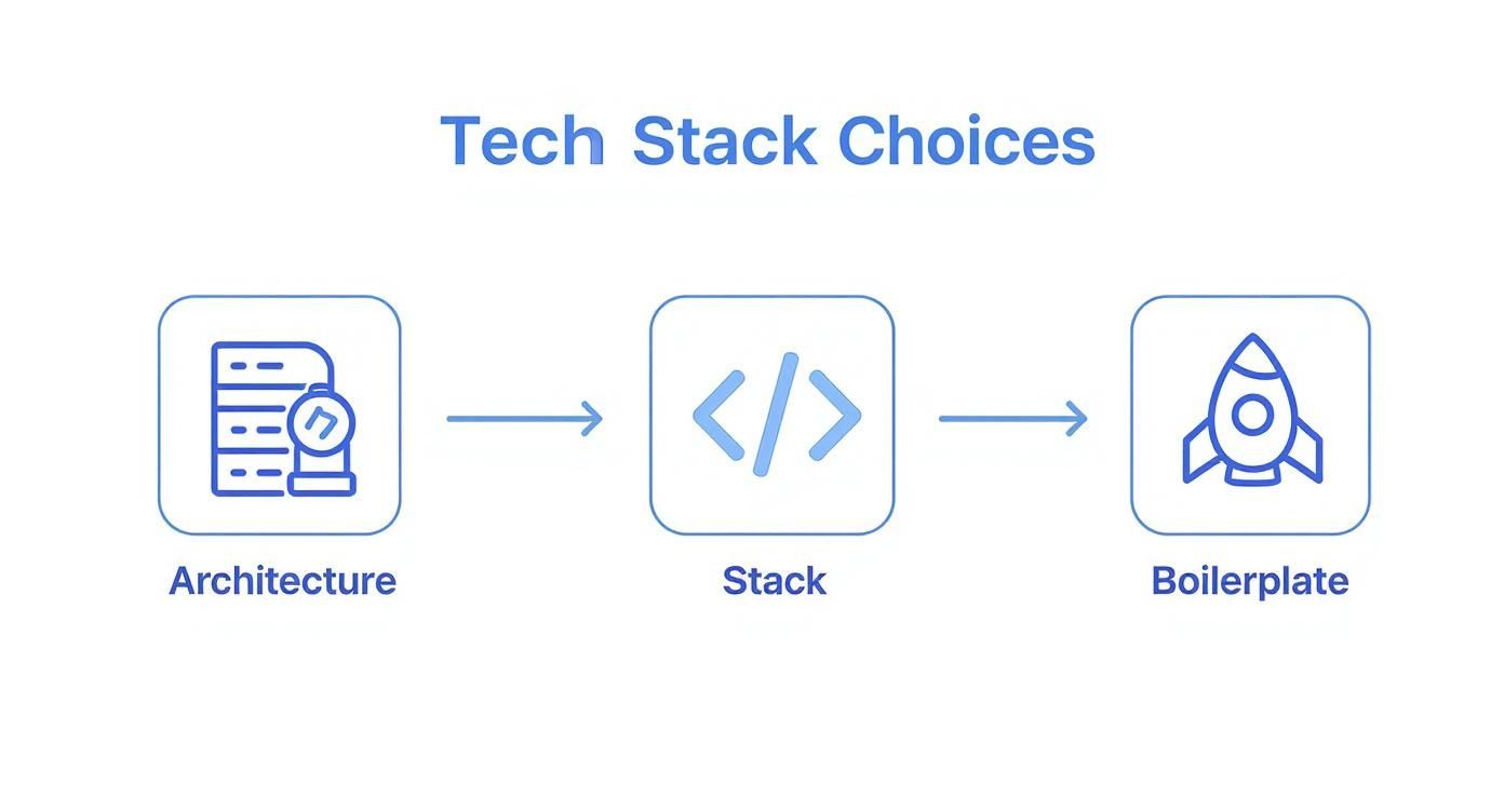 A flowchart titled 'Tech Stack Choices' outlining steps: Architecture, Stack, and Boilerplate.