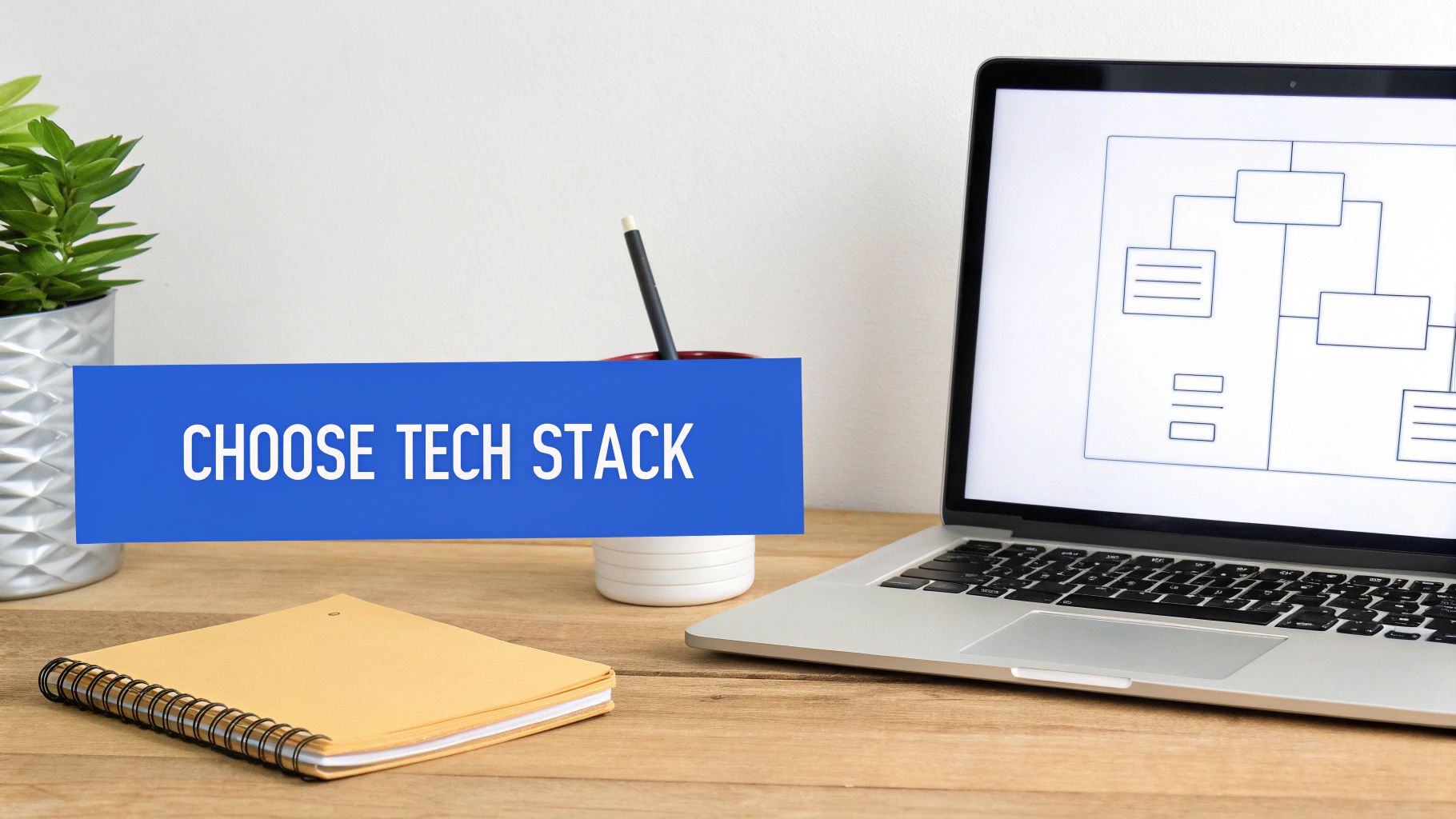 Laptop displaying wireframe diagrams on desk with notebook and choose tech stack banner