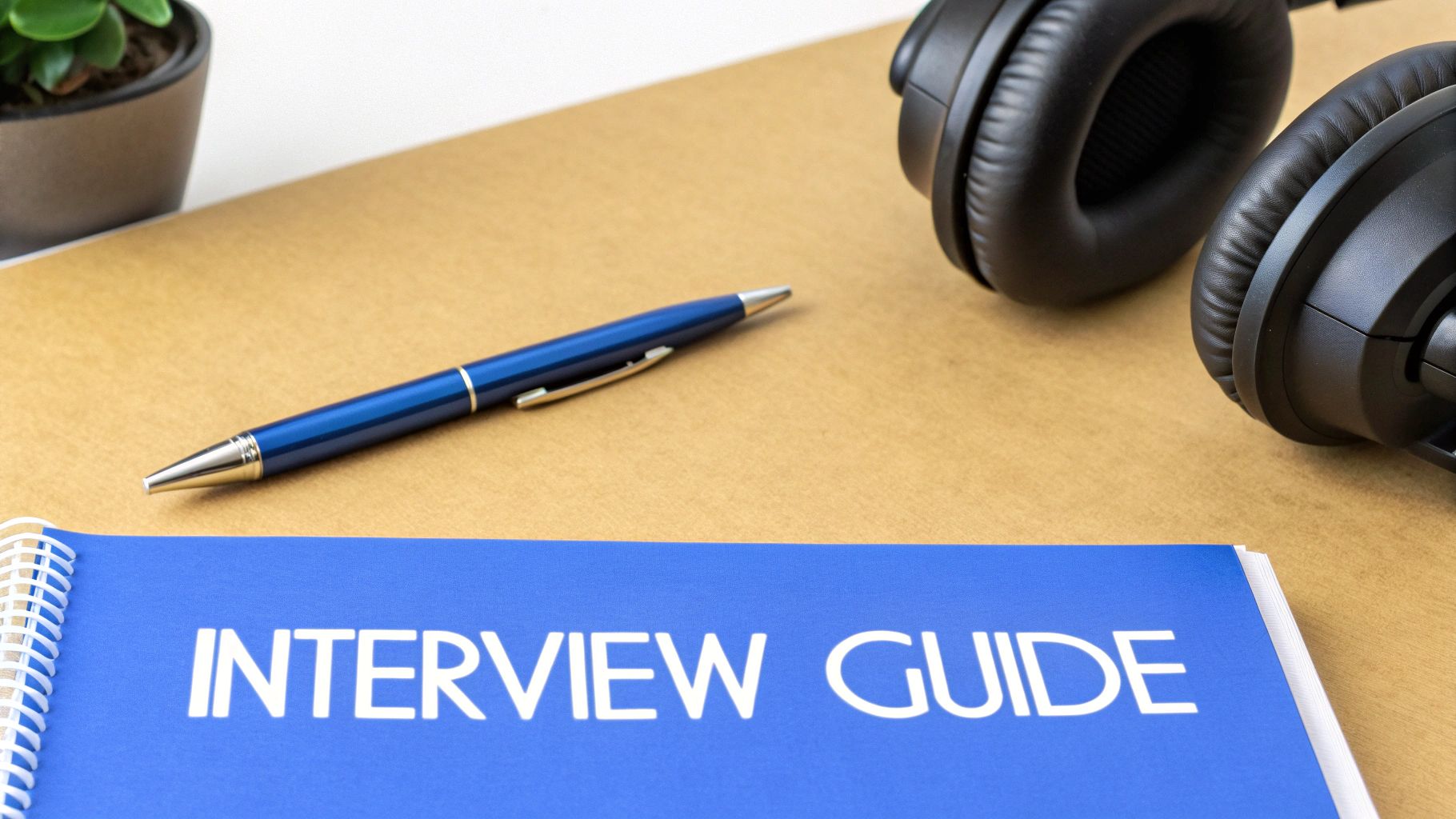 A blue "INTERVIEW GUIDE" booklet, blue pen, and black headphones on a wooden desk with a plant.