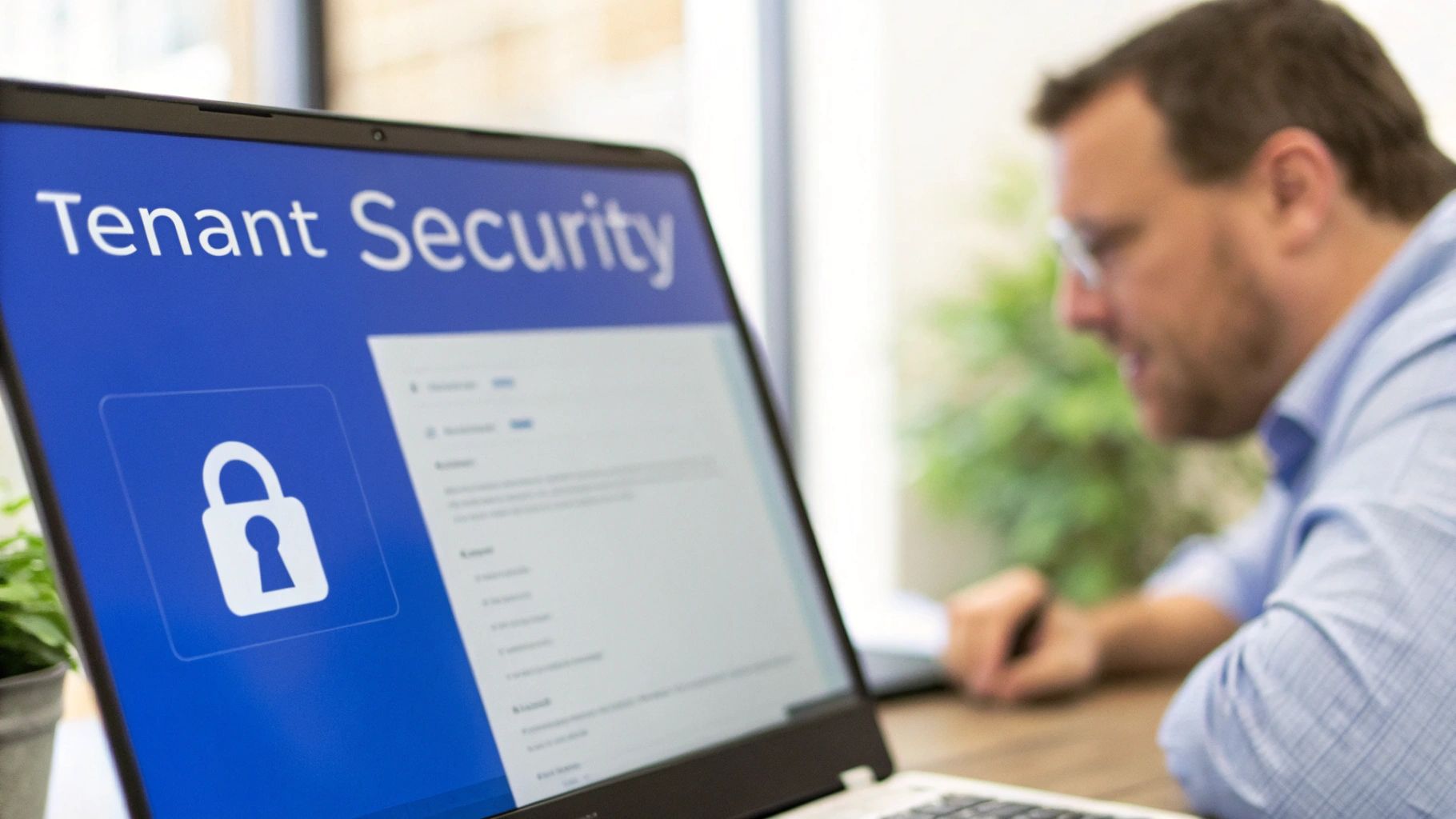 Professional reviewing tenant security features on laptop screen with padlock icon in modern office