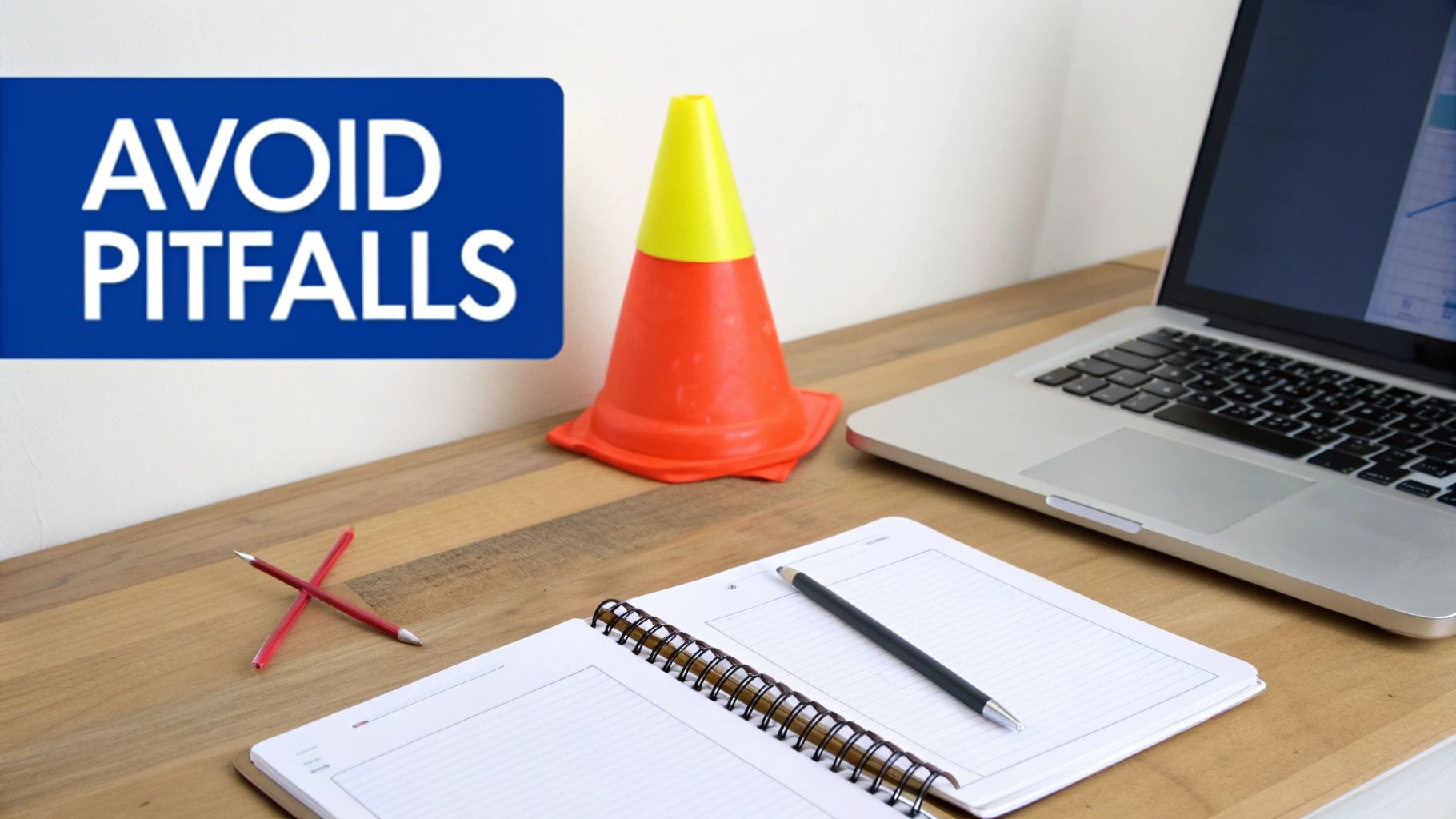 A desk with a laptop, notebook, pencils, and a traffic cone, with a blue sign saying 'AVOID PITFALLS'.
