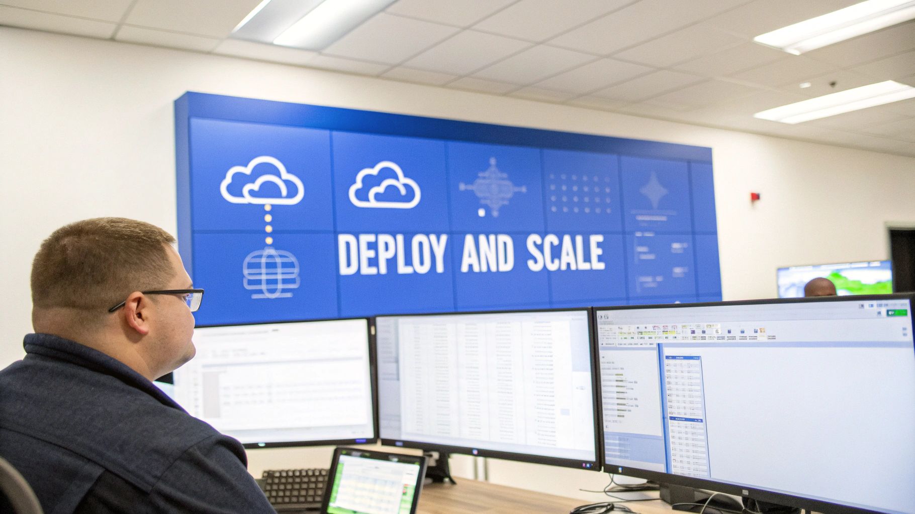IT professional monitoring cloud deployment and scaling operations on multiple screens in control room