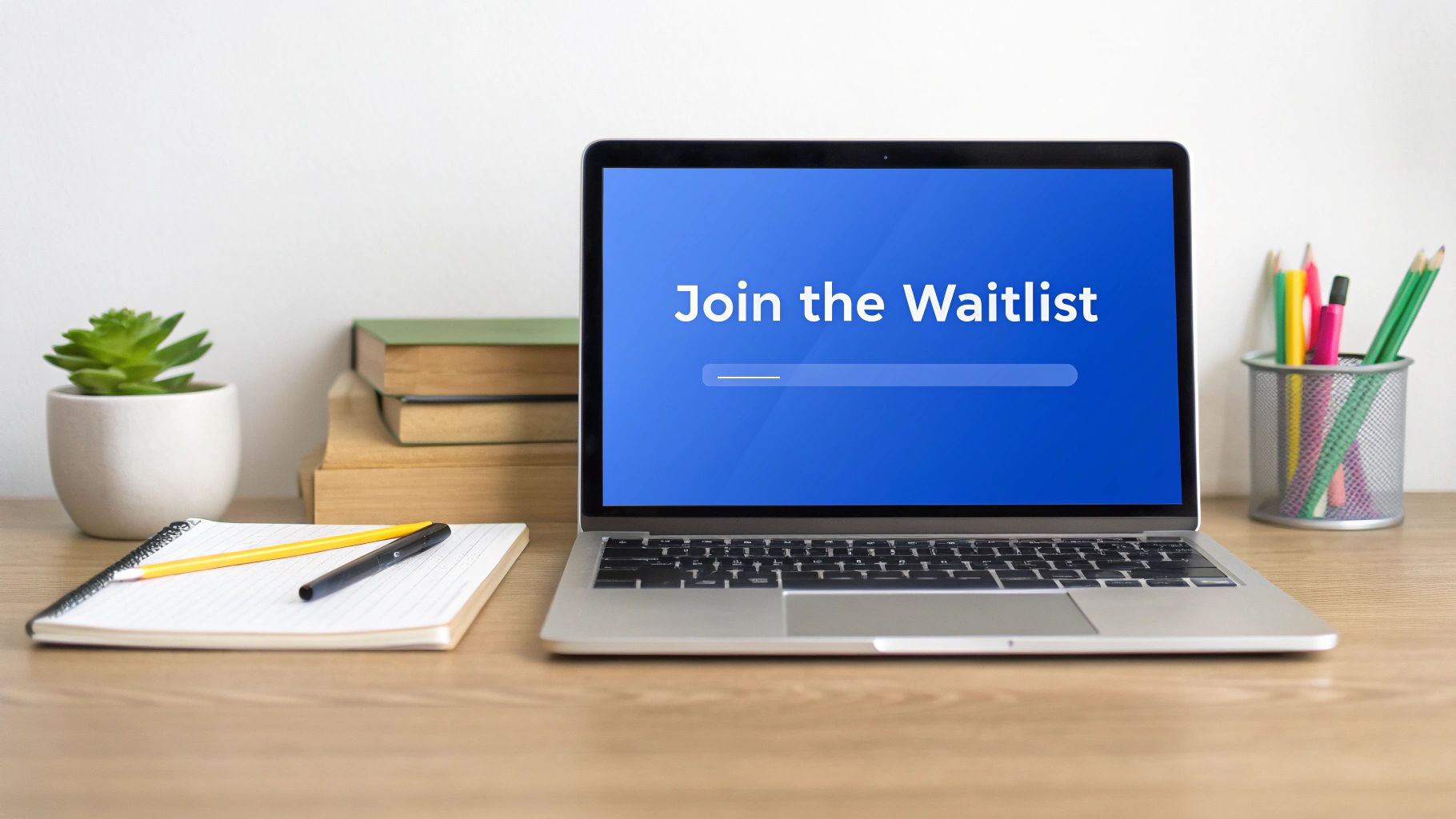 A laptop on a wooden desk displays 'Join the Waitlist' on its blue screen, surrounded by office items.