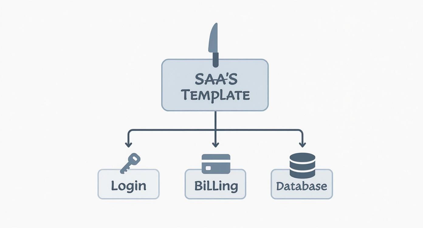 A diagram illustrates a SaaS template breaking down into login, billing, and database modules.