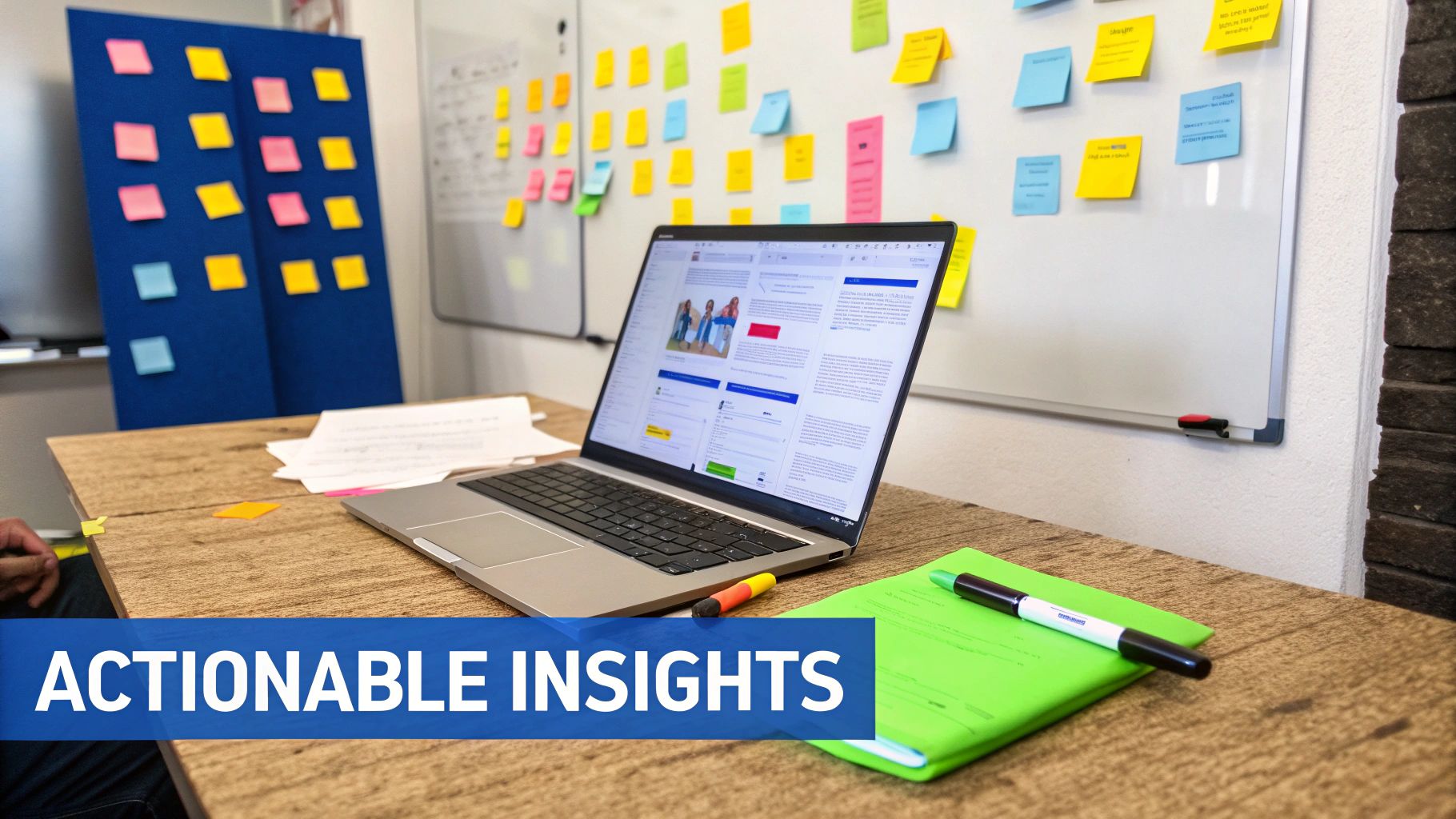 A laptop on a wooden desk, surrounded by colorful sticky notes on a whiteboard and blue board.