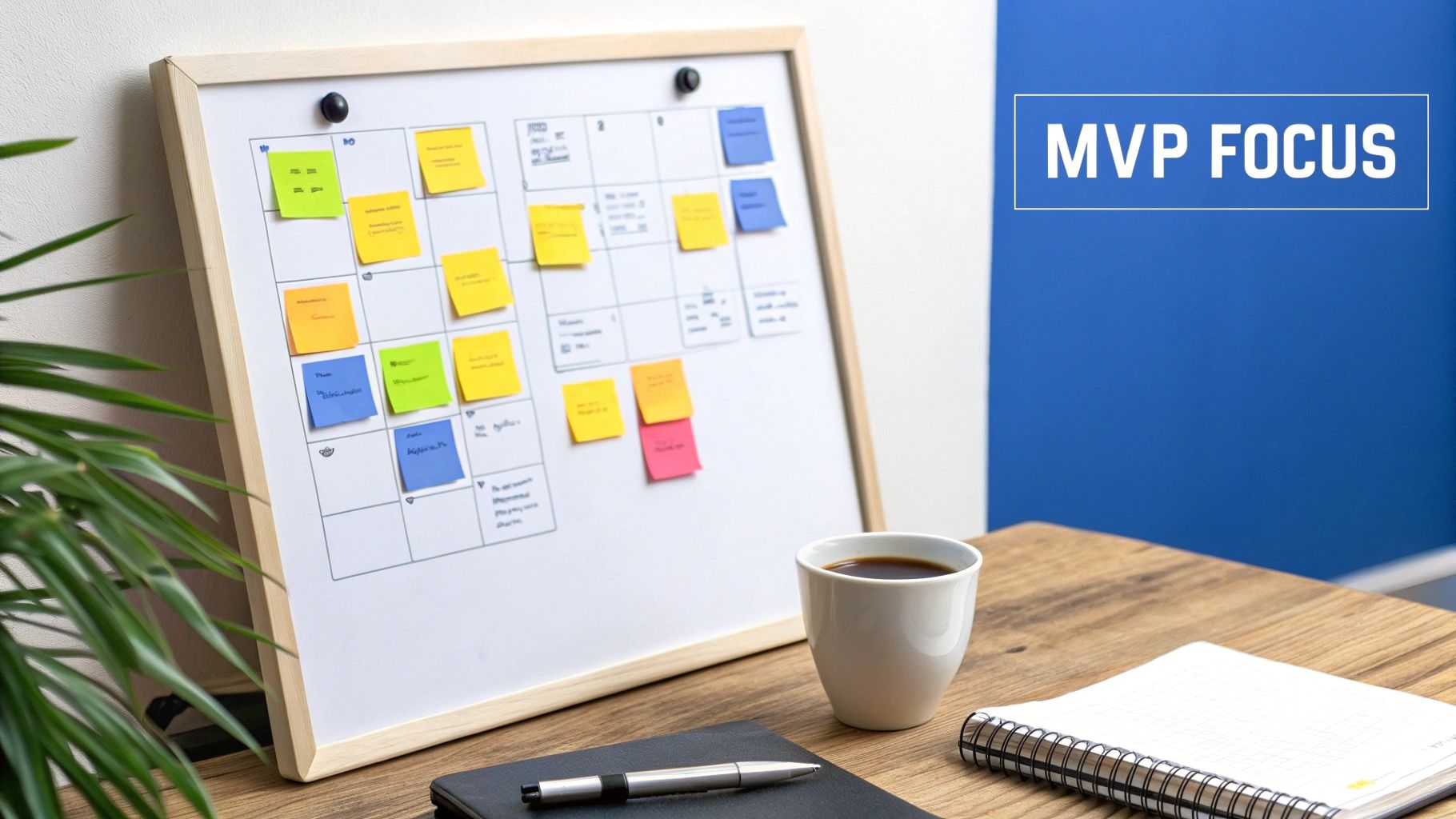 A whiteboard with colorful sticky notes, a coffee cup, notebook, and pen on a wooden desk. Text 'MVP FOCUS' is visible.