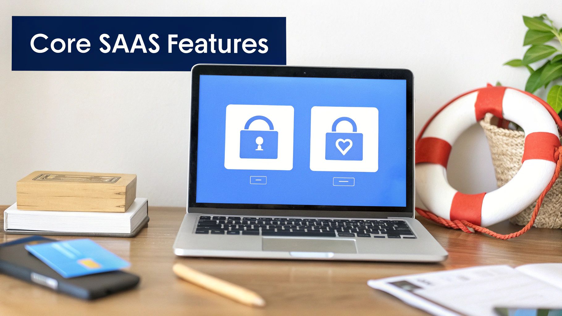 A laptop displays "Core SAAS Features" with security lock icons, on a desk with books and a credit card.