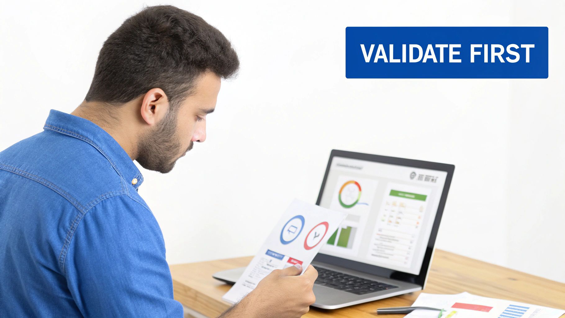 A man in a blue denim shirt reviews data on a document and laptop, with text "VALIDATE FIRST".